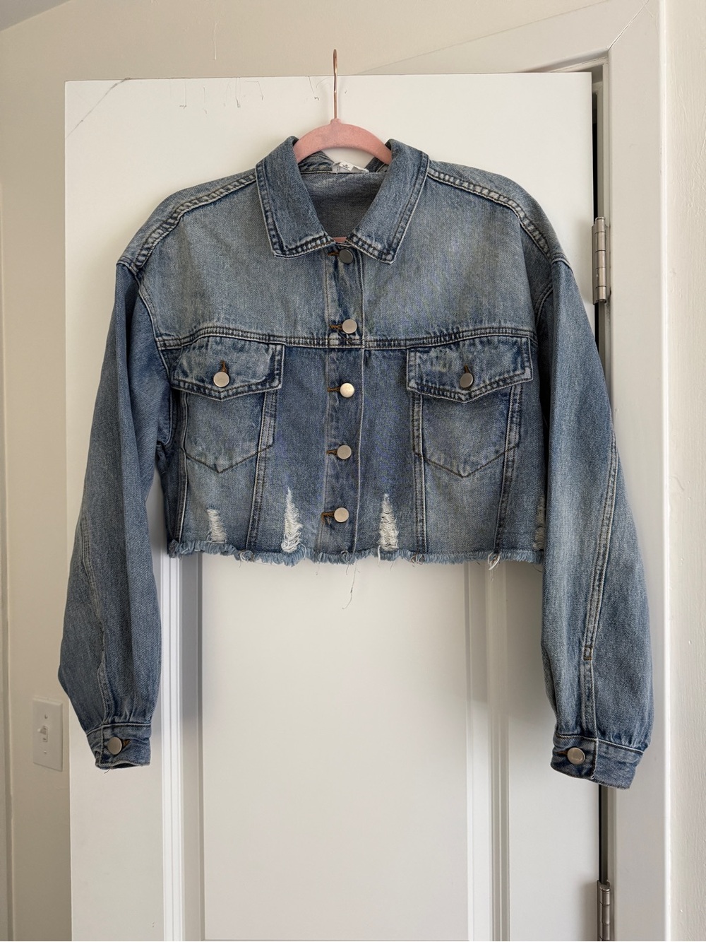 Le Lis Light Blue Cropped Distressed Denim Jacket
